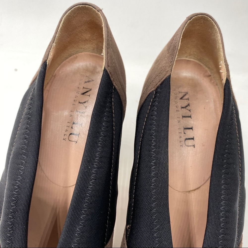 Anyi Lu Cookie Suede Heels Pumps Brown Black Bow 38 Size 8 - Picture 4 of 11